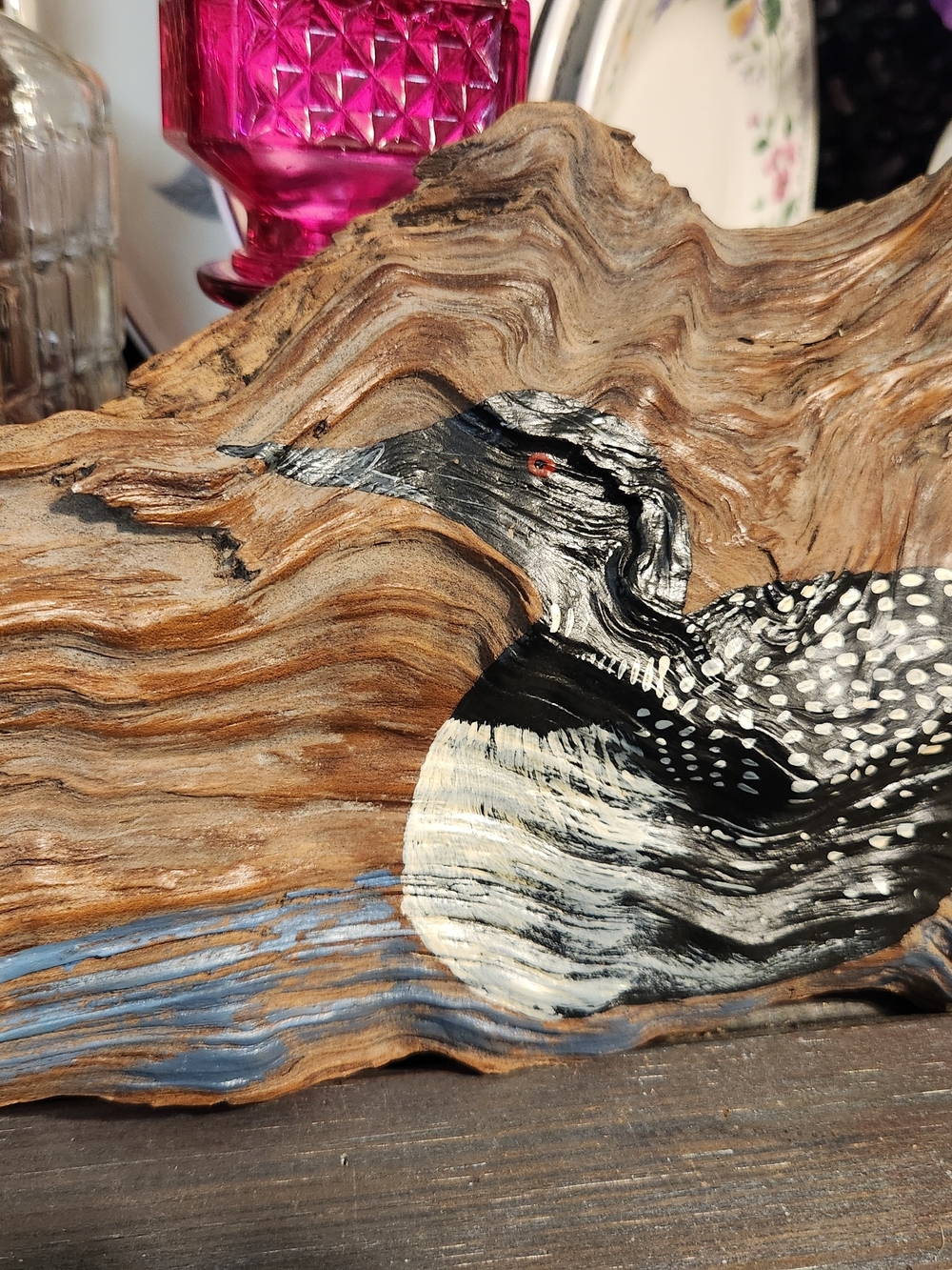 Hand-Painted Loon on Driftwood - Black & White Coastal Decor - Picture 2 of 4